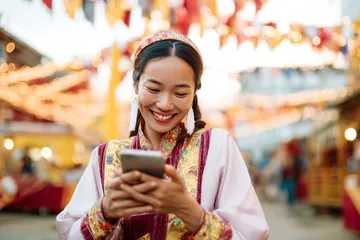 PJOK App — Fast, responsive, and optimized for all devices A cheerful woman in traditional clothing using her smartphone during a festive moment, showing how easily the PJOK app fits into everyday life.
